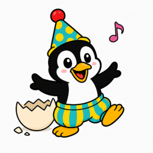 Pingu Huevo bailando junto a un cascarón