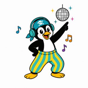 Pingu Pichón bailando con auriculares y bola de discoteca