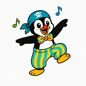 Pingu Polluelo bailando con nariz de payaso