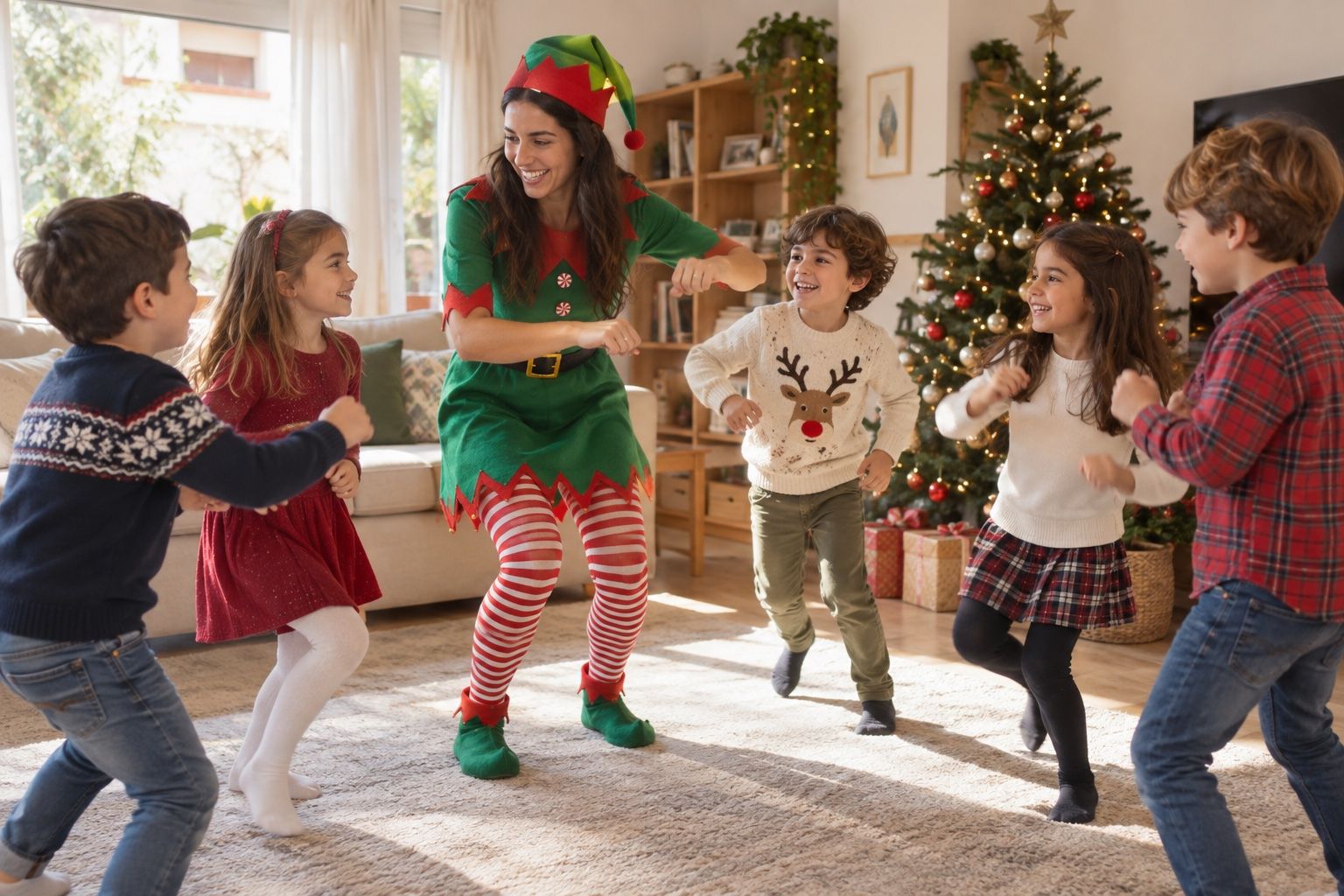 Niños jugando con una animadora caracterizada de elfa en Navidad