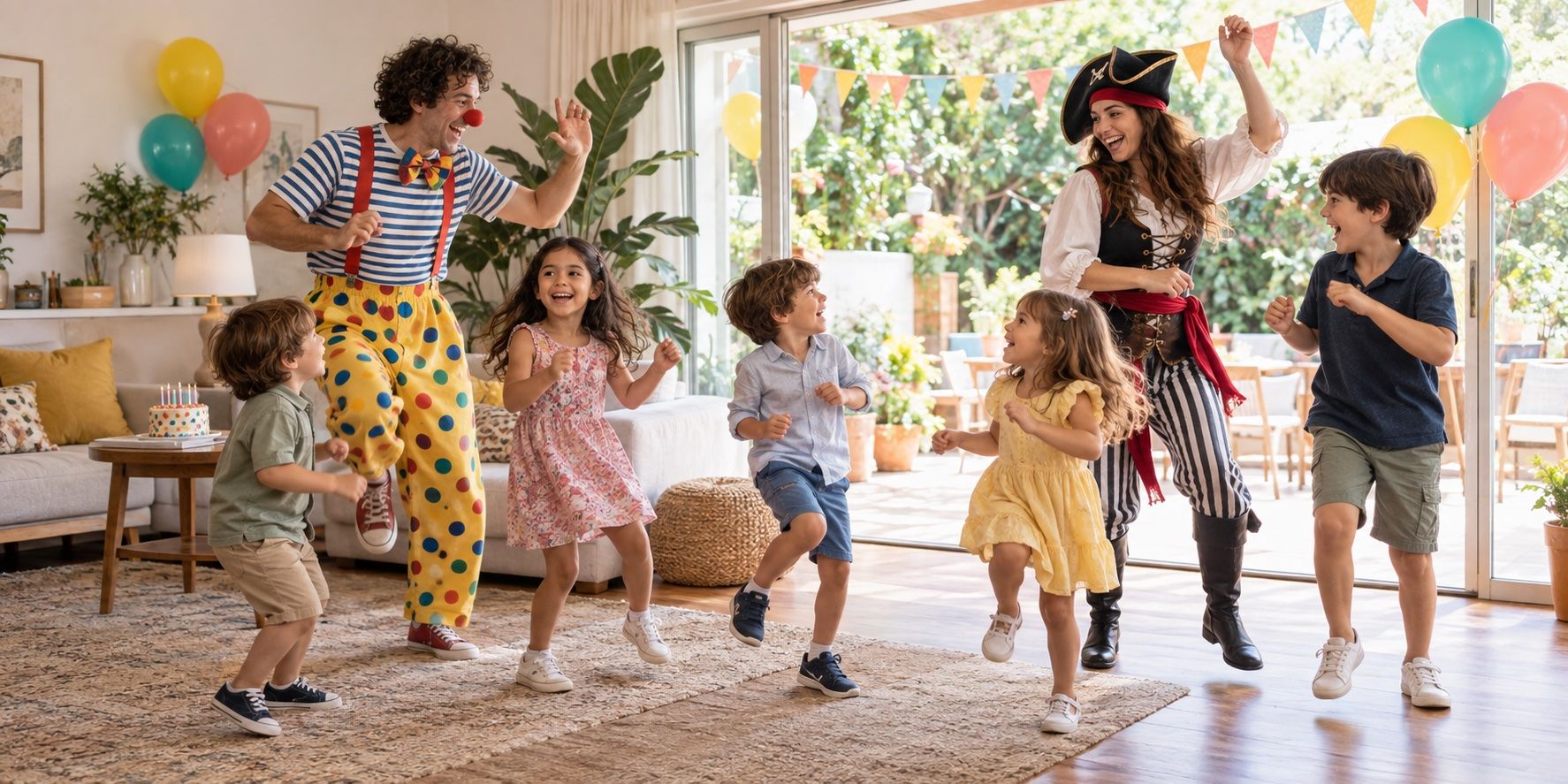 Imagen ilustrativa de niños bailando con un payaso y una pirata en un cumpleaños a domicilio