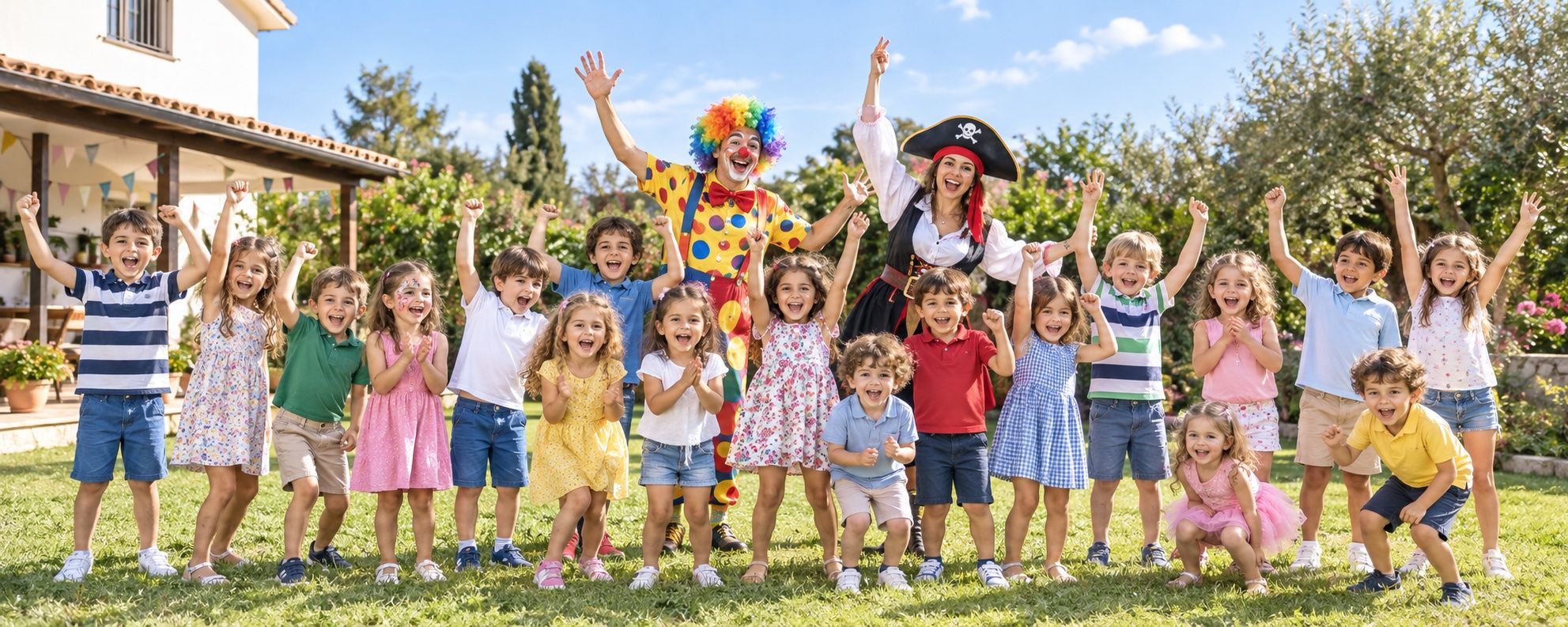 Imagen ilustrativa creada con IA: un grupo de niños celebra en el jardín de una casa con un payaso y una pirata