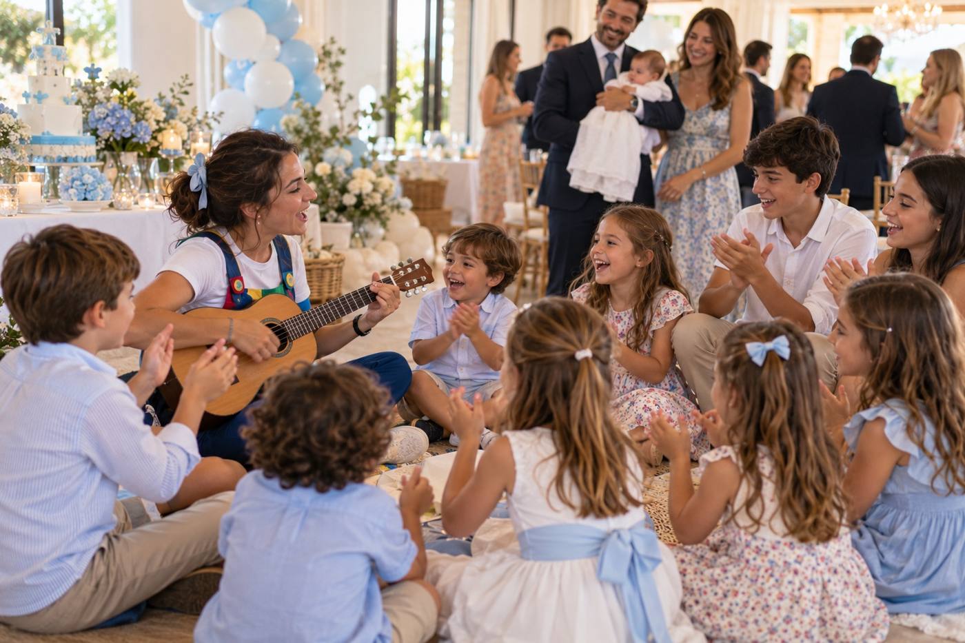 Animadora con guitarra y niños de varias edades en un bautizo