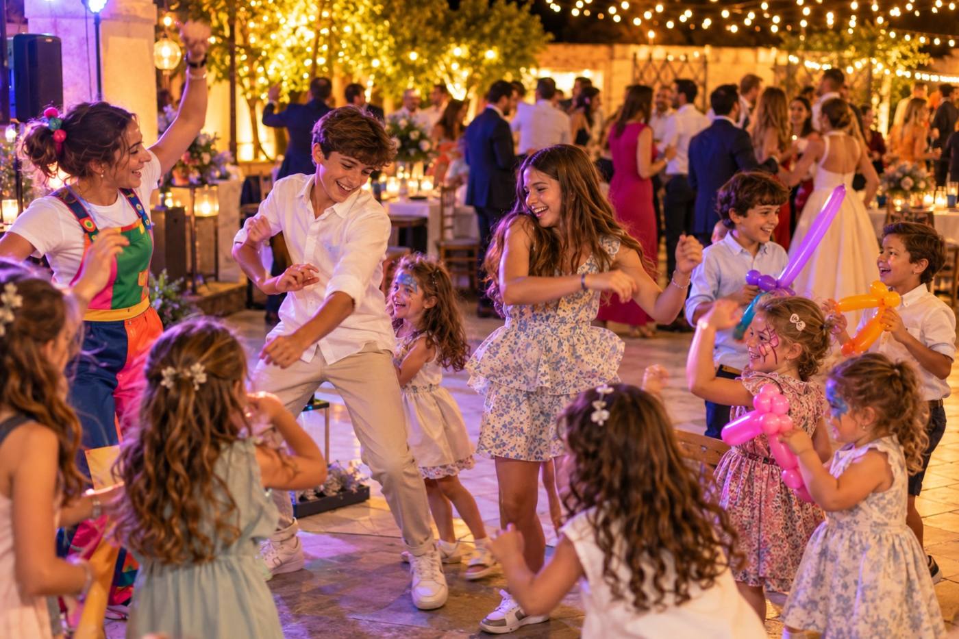 Niños de varias edades bailando con una animadora en una boda