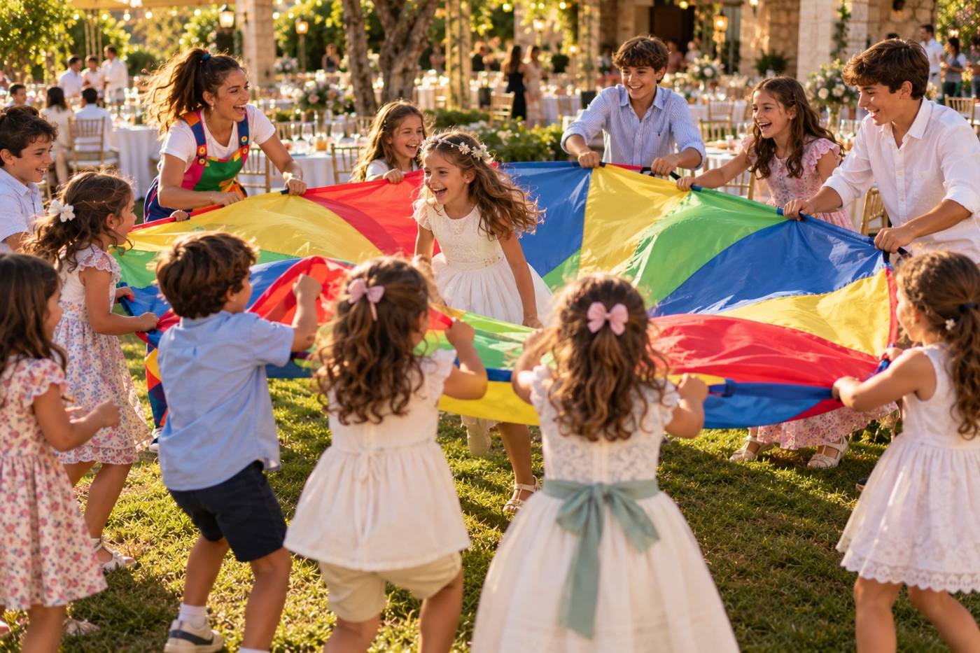 Niños de varias edades jugando con un paracaídas de colores en una comunión