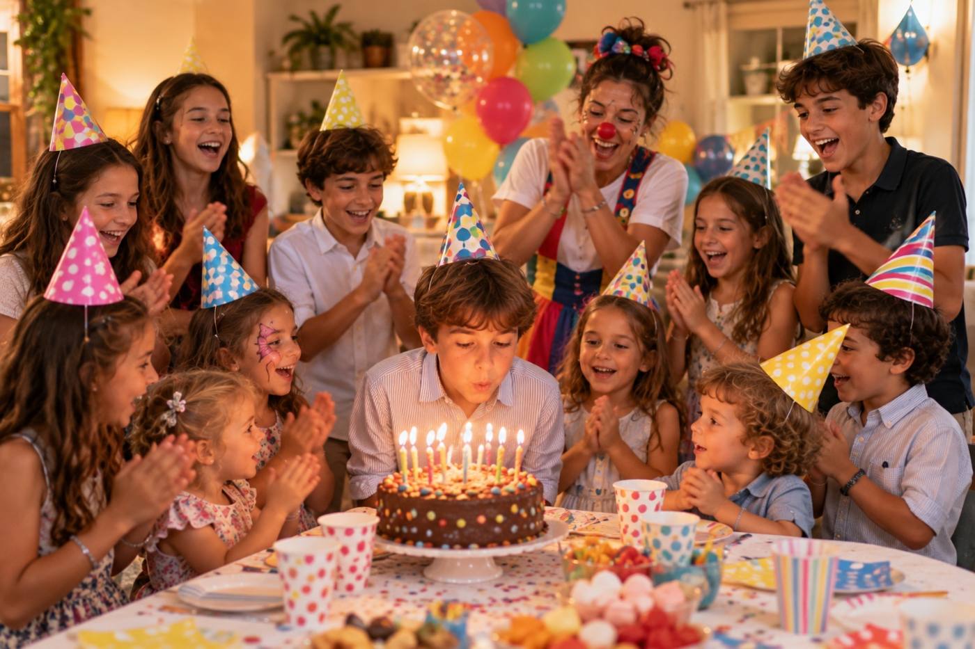 Niño soplando las velas rodeado de amigos de varias edades y una animadora