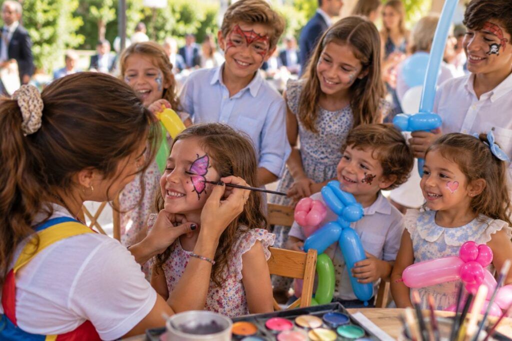 Animadora pintando la cara a una niña mientras otros niños esperan con globos