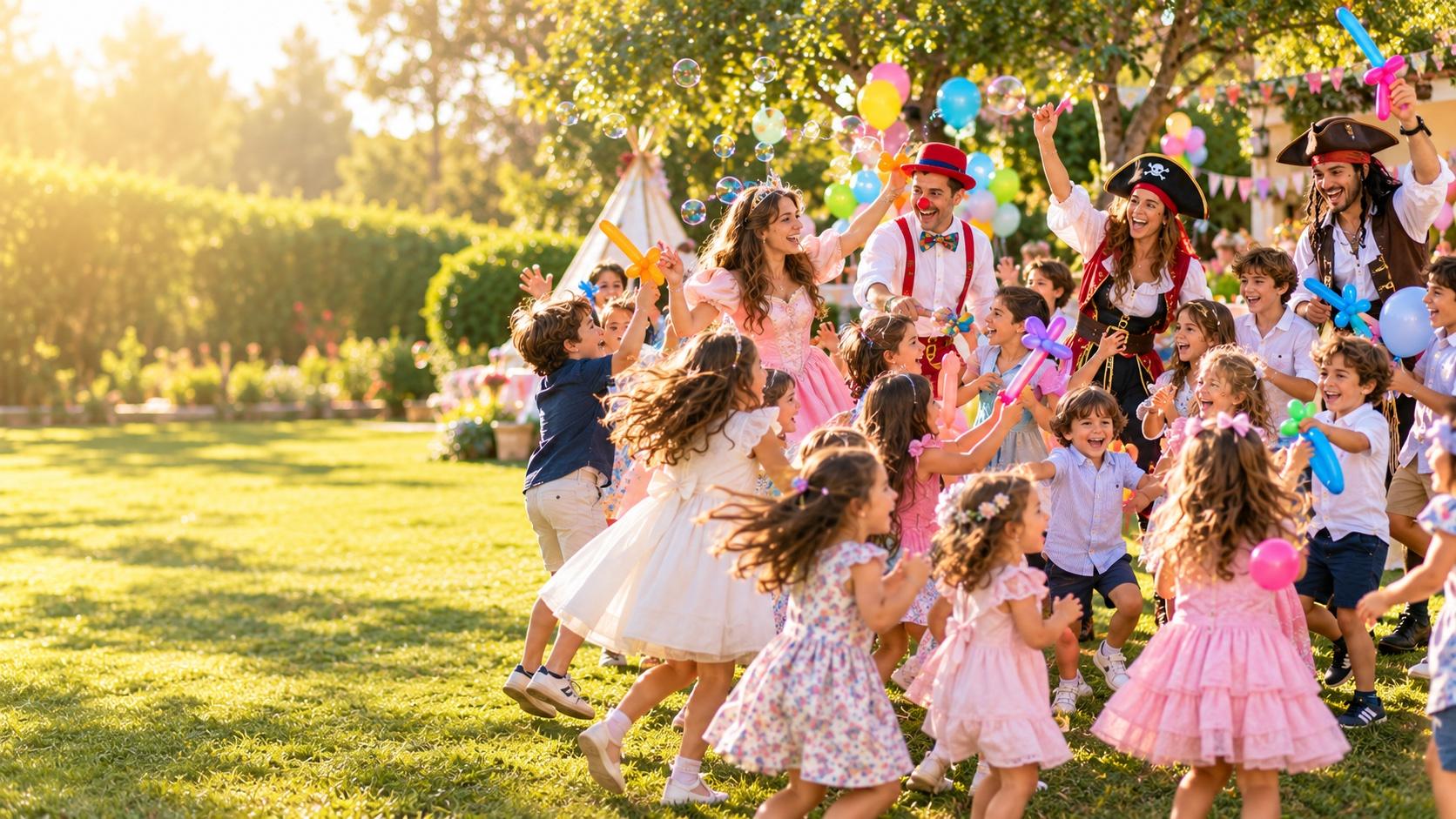 Animadores disfrazados de payaso, pirata y princesa jugando con niños de varias edades en un cumpleaños